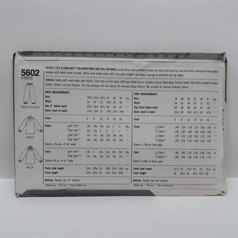 NEW Vintage Simplicity Sewing Pattern 5602 Misses Pullover Tunic Pants 10/12/14